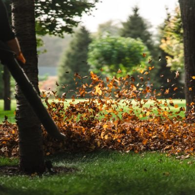 A woman operating a heavy duty leaf blower.